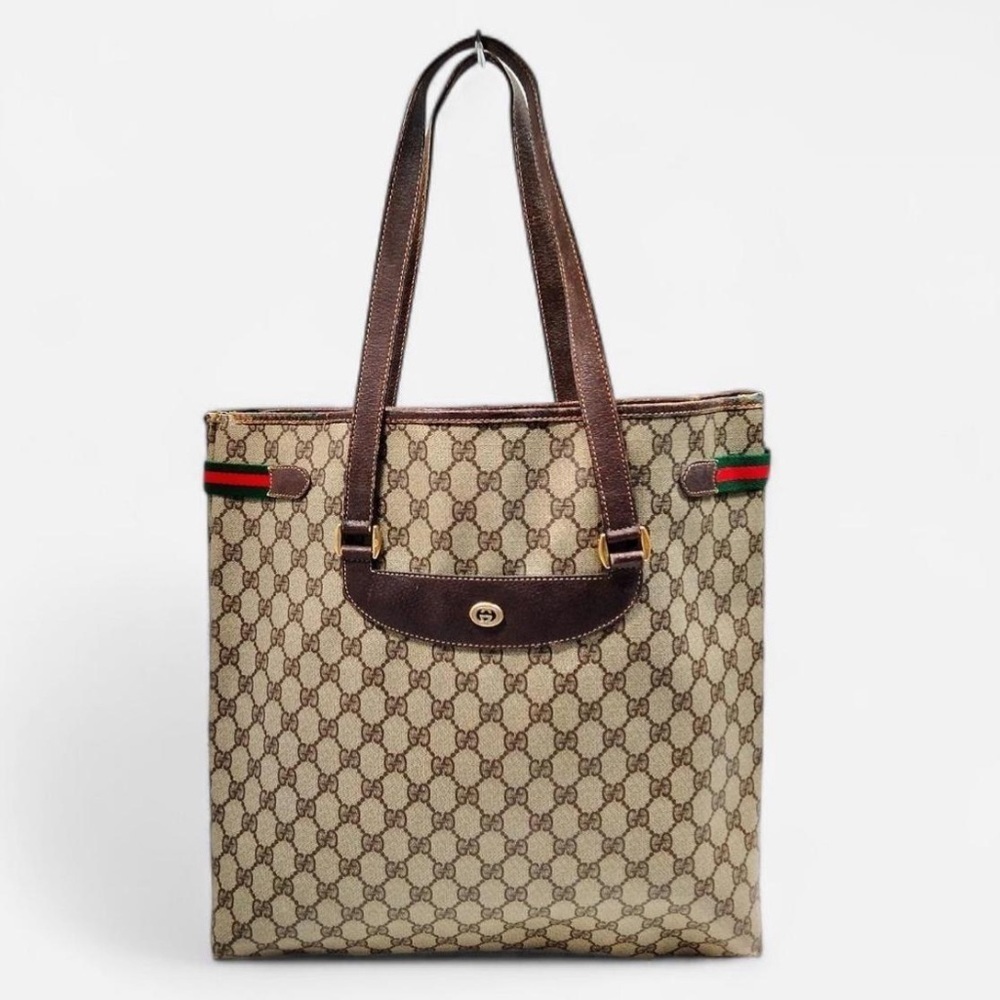 Gucci Vintage GG Canvas Web Stripe Tote Bag Brown Monogram Authentic